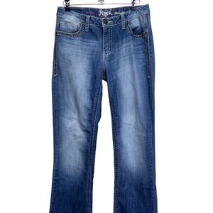 Wrangler Rock 47 Jeans Blue Low Rise Bootcut Denim Bling 29x34 fit 32x35 #e
